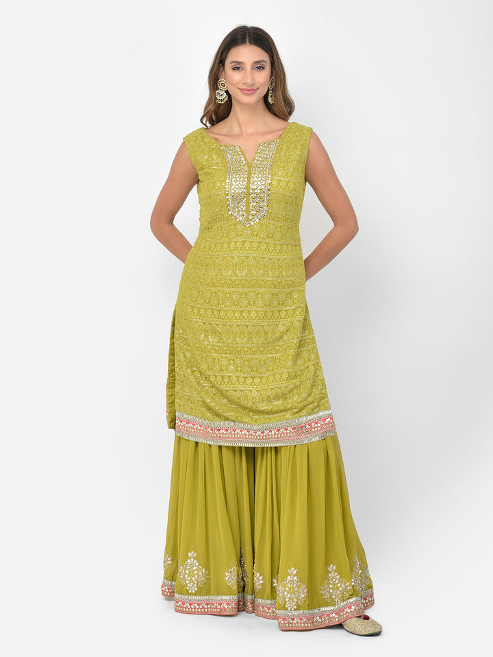 Neerus Green georgette chikankari kurta set - front view