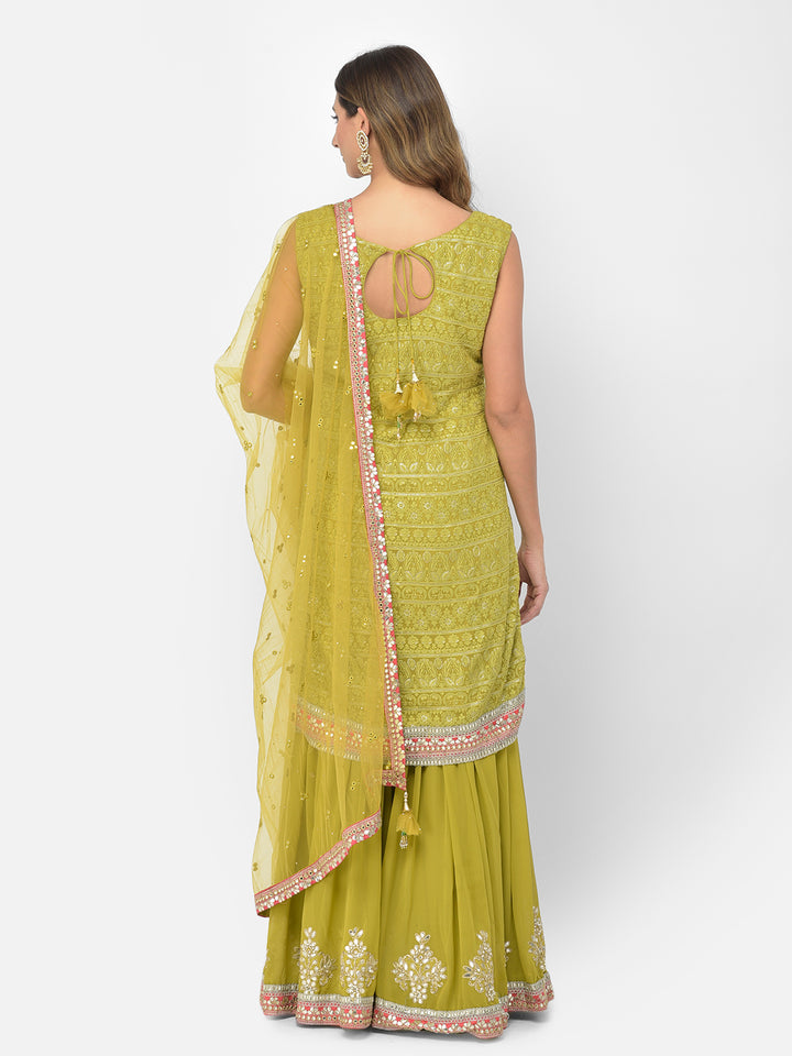 Neerus Green georgette chikankari kurta set - detail view 1