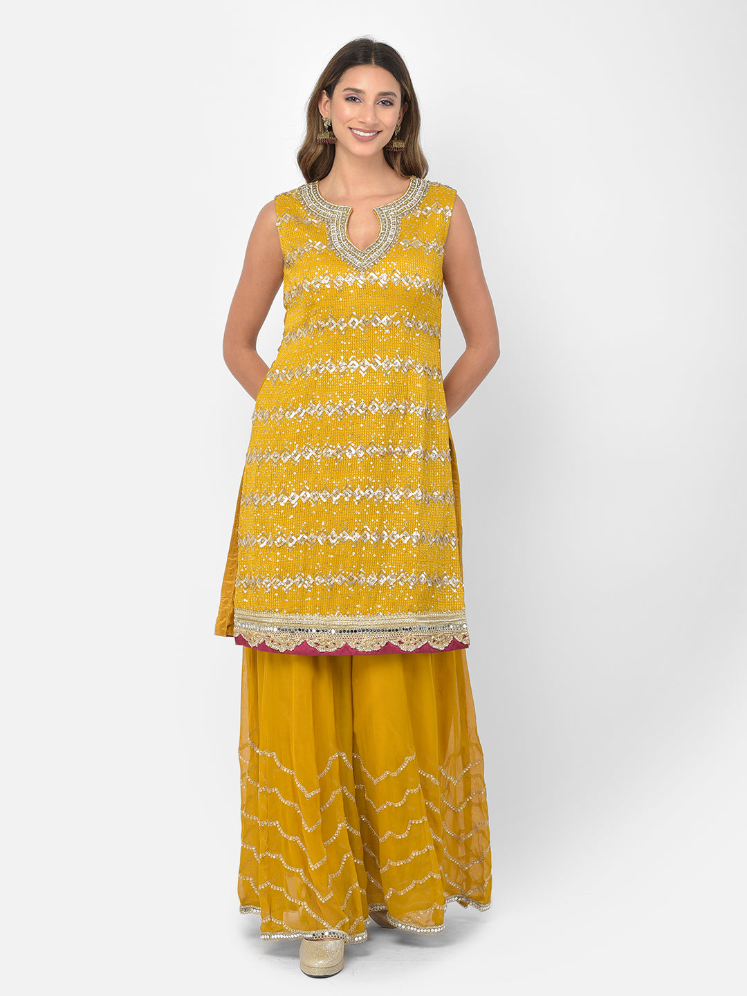 Neerus Yellow georgette embellished kurta set - front view