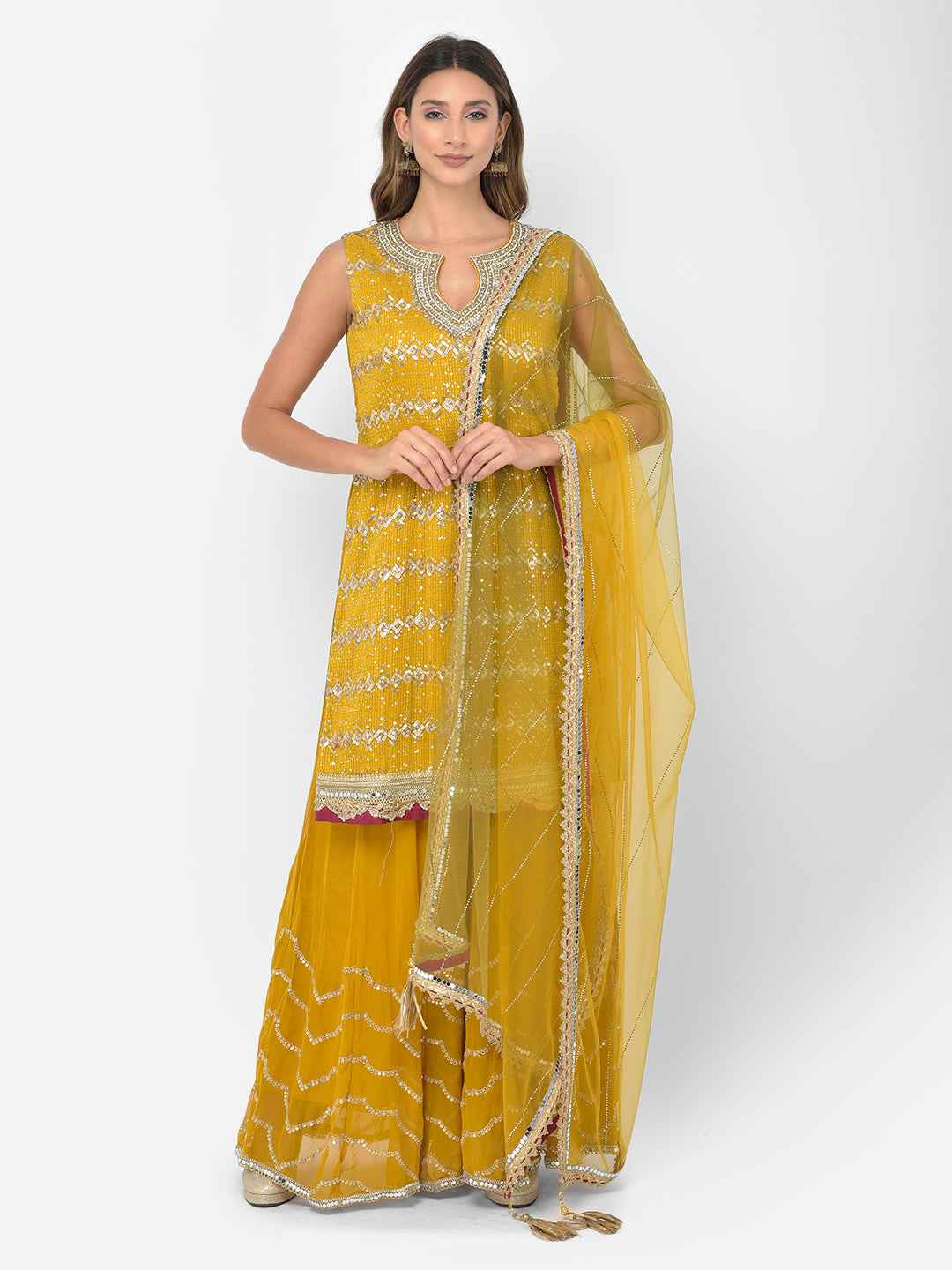 Neerus Yellow georgette embellished kurta set - detail view 6
