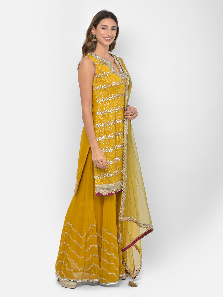 Neerus Yellow georgette embellished kurta set - side view