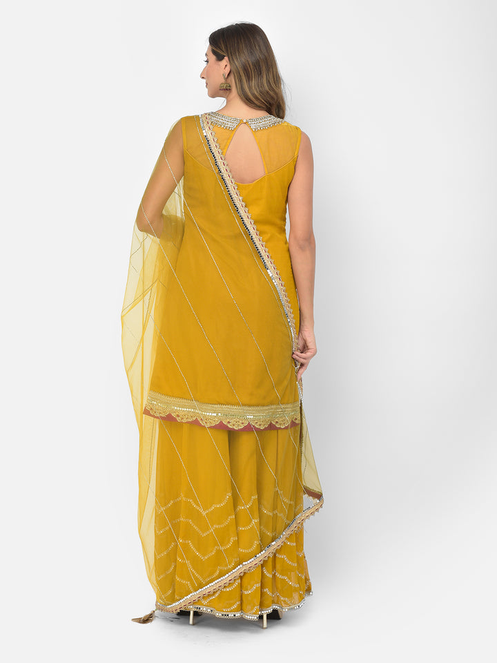 Neerus Yellow georgette embellished kurta set - detail view 1