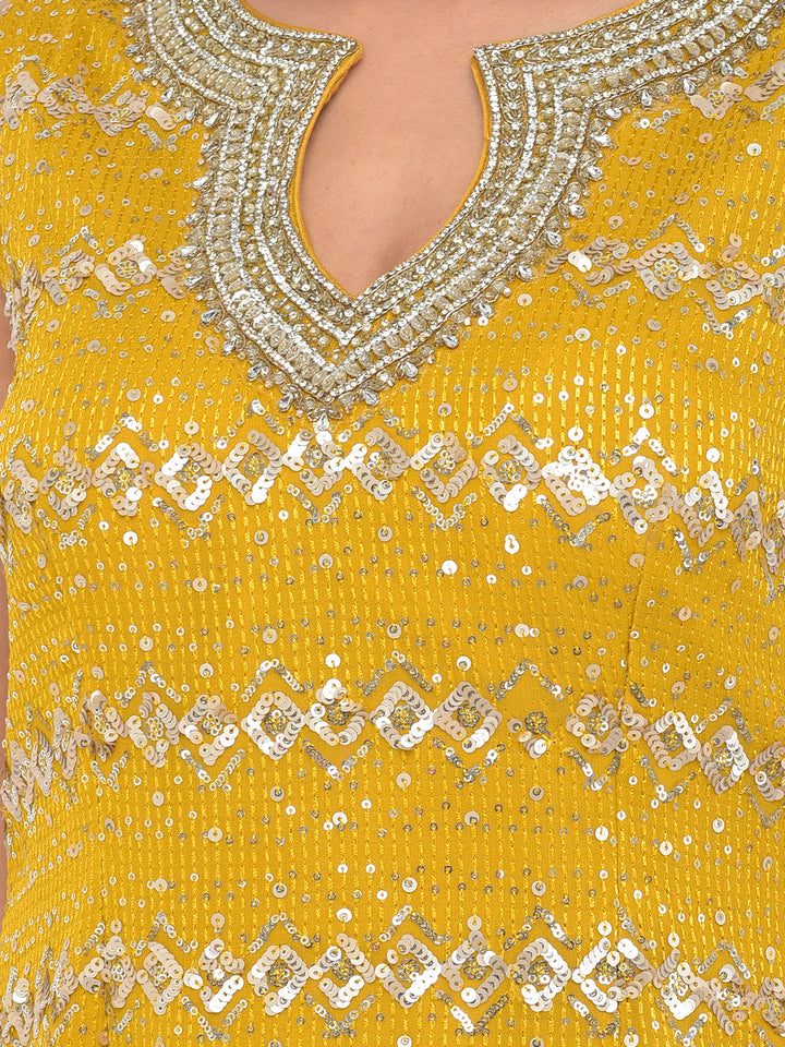 Neerus Yellow georgette embellished kurta set - detail view 2