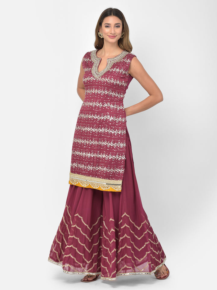 Neerus Maroon georgette embellished kurta set - detail view 7