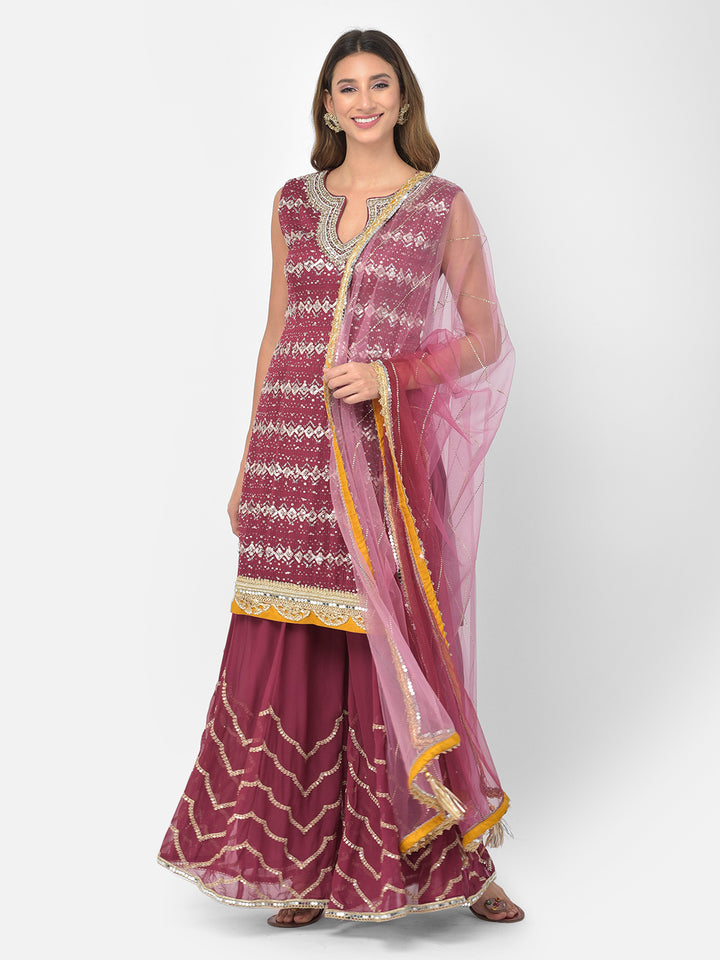 Neerus Maroon georgette embellished kurta set - detail view 15