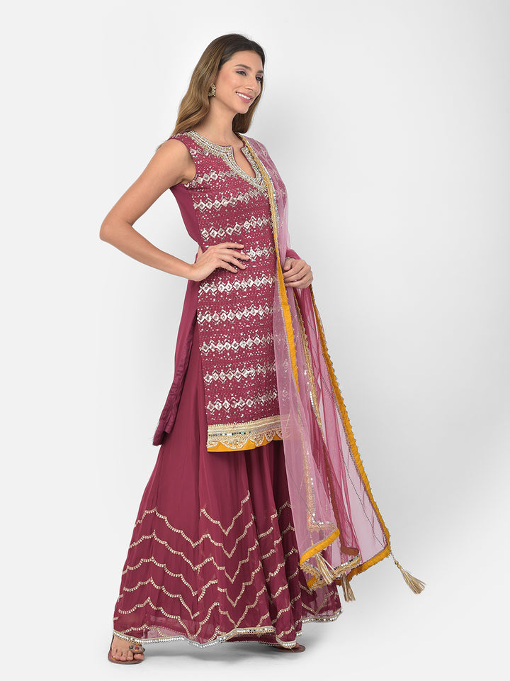 Neerus Maroon georgette embellished kurta set - detail view 9