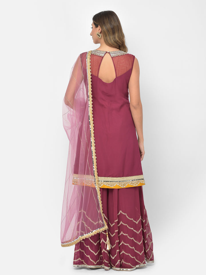 Neerus Maroon georgette embellished kurta set - detail view 10