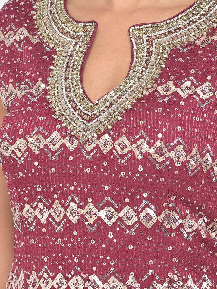 Neerus Maroon georgette embellished kurta set - detail view 3
