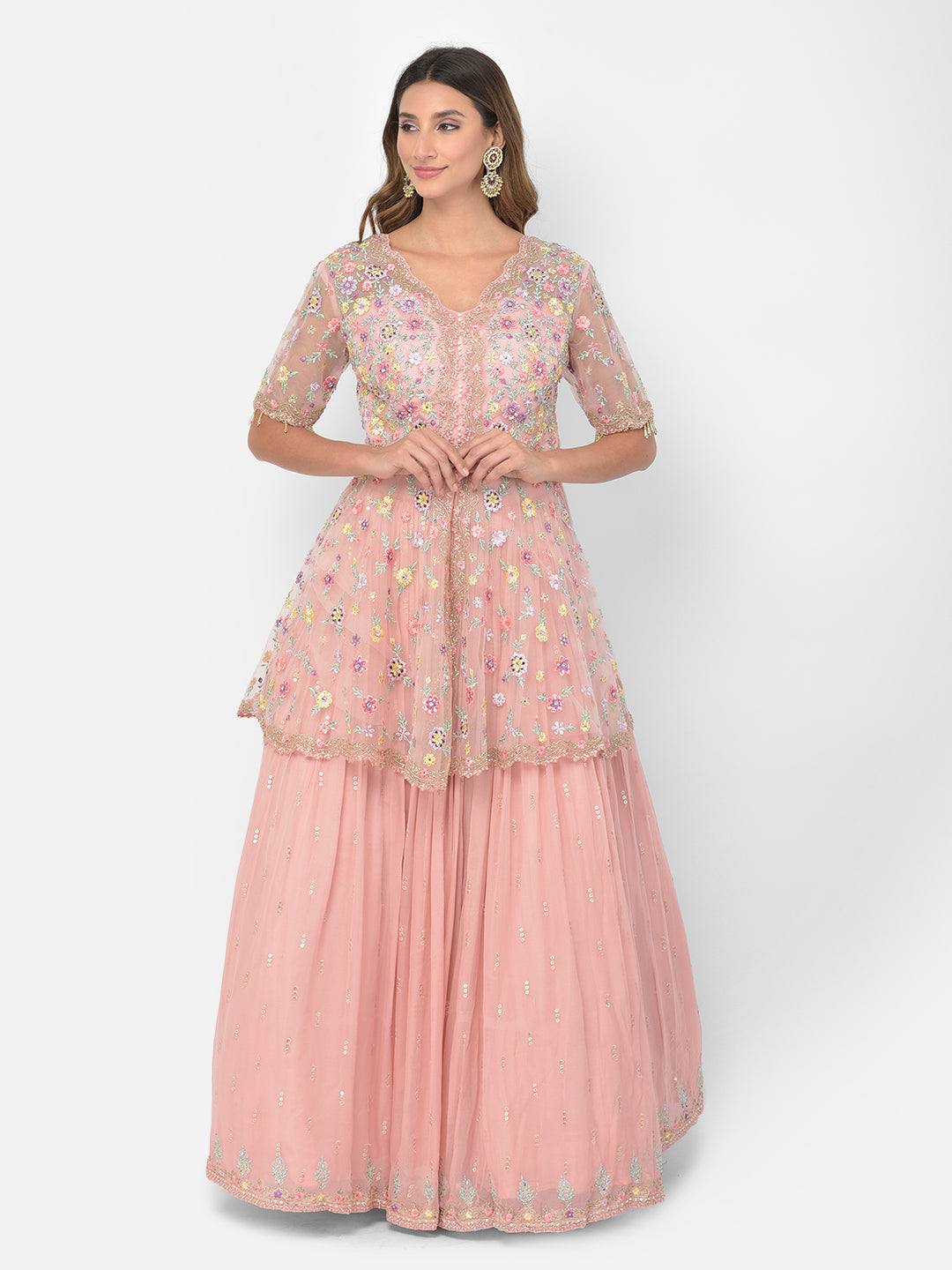 Neerus Pink georgette embellished kurta set - front view