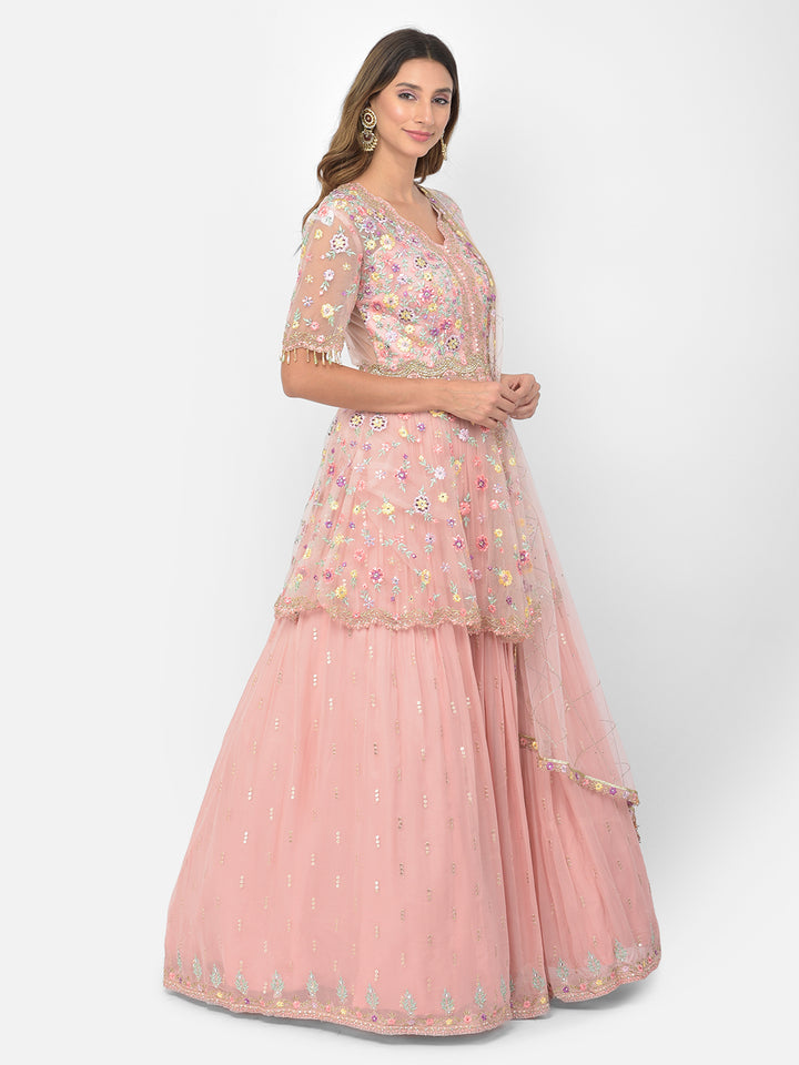 Neerus Pink georgette embellished kurta set - side view