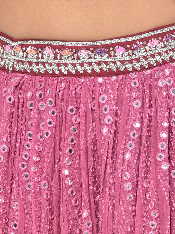 Neerus Pink georgette mirror work lehenga choli - detail view 2