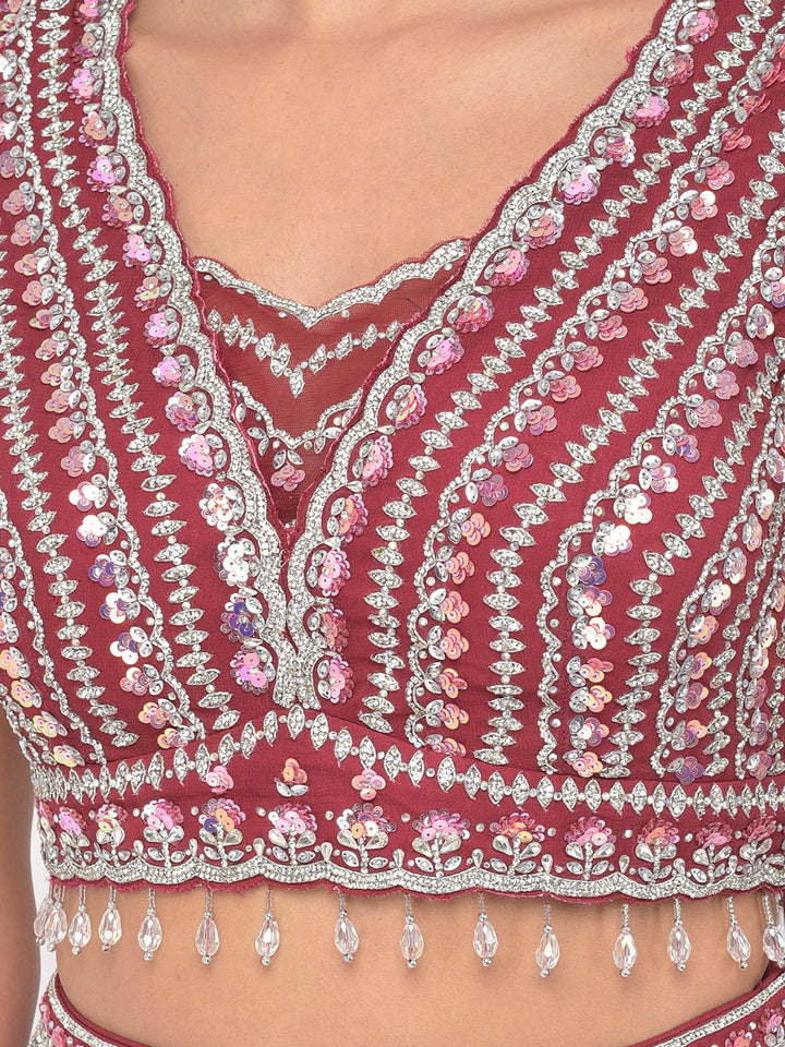 Neerus Pink georgette mirror work lehenga choli - detail view 4