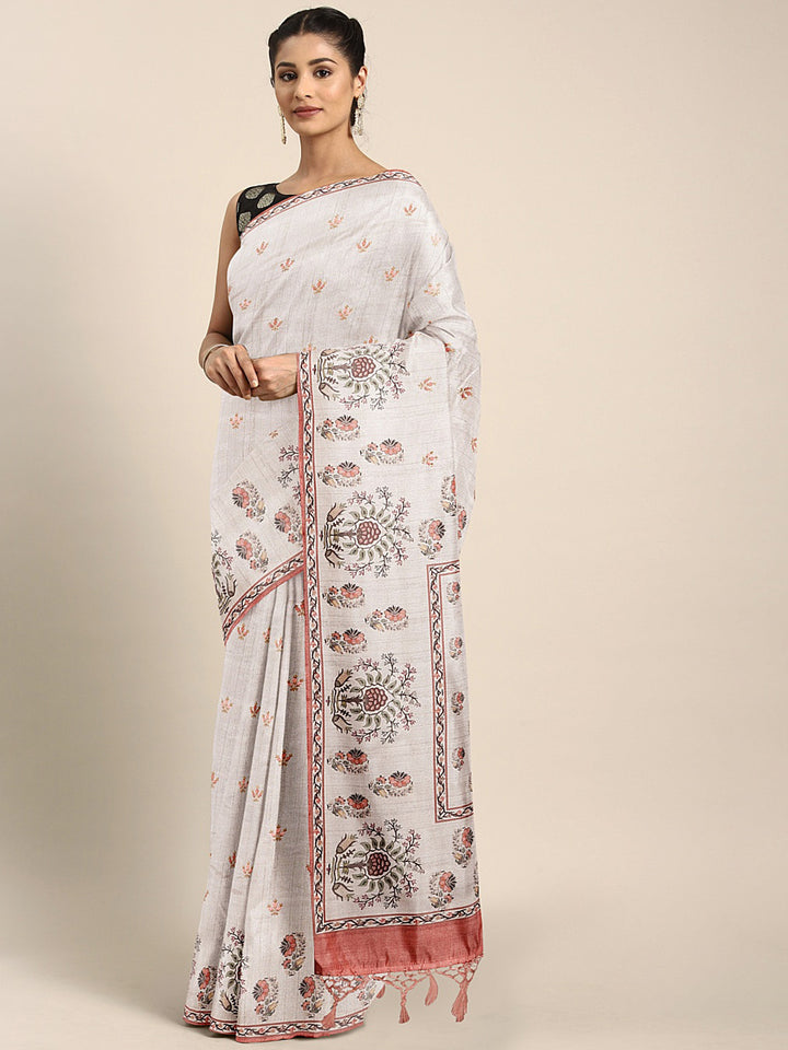 Neerus Light Grey Printed Saree With Blouse