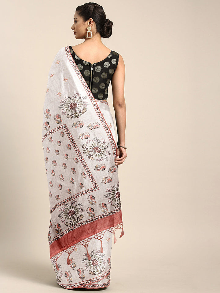 Neerus Light Grey Printed Saree With Blouse