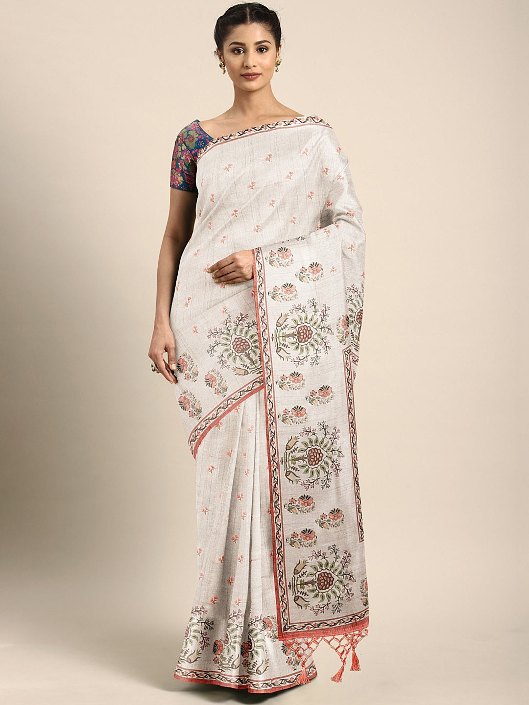 Neerus Light Grey Printed Saree With Blouse