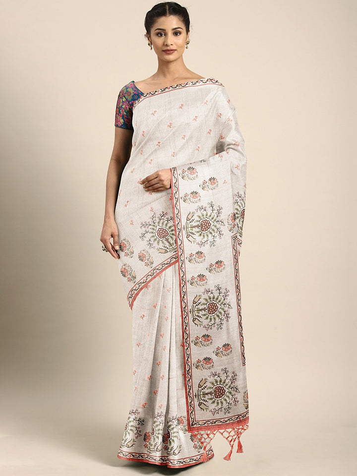 Neerus Light Grey Printed Saree With Blouse