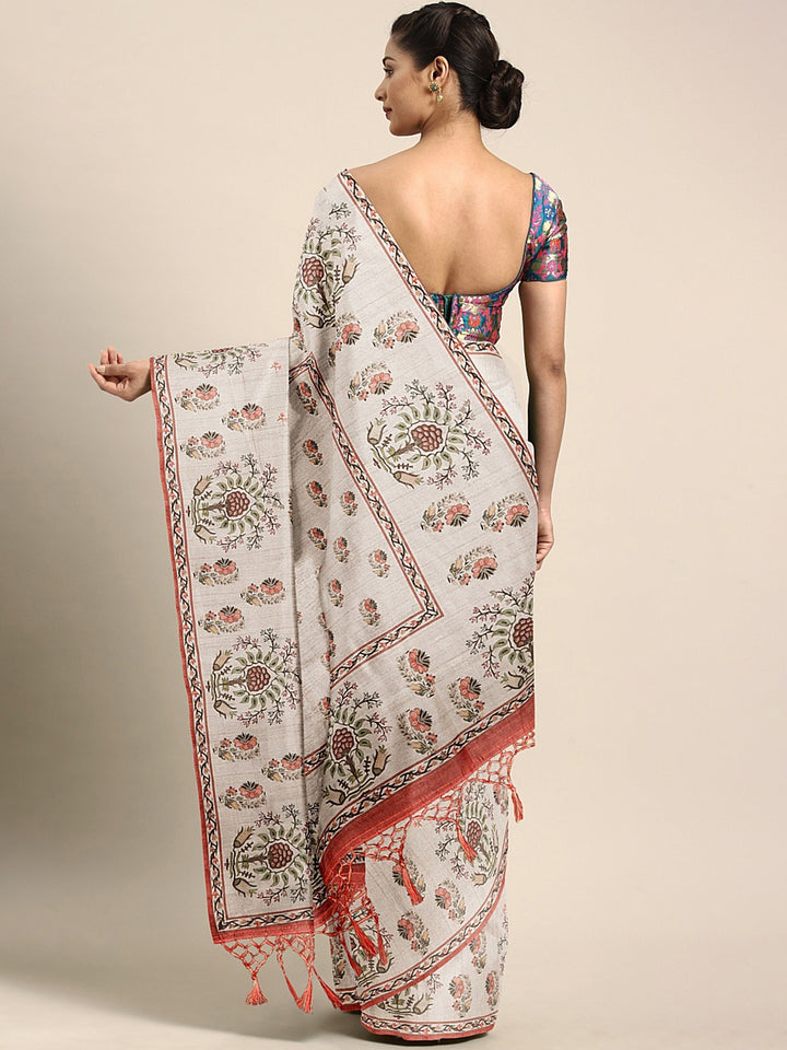 Neerus Light Grey Printed Saree With Blouse