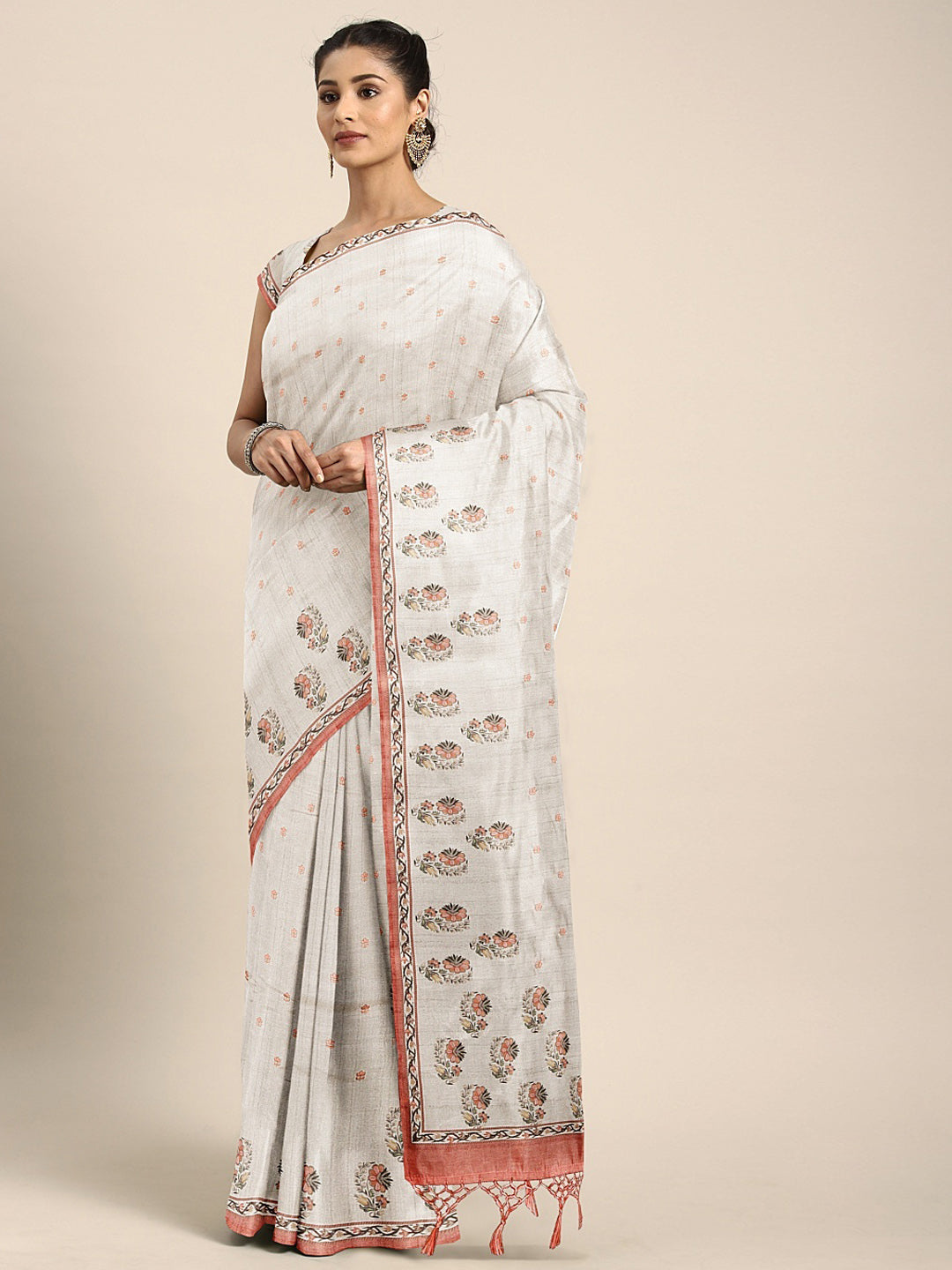 Neerus Light Grey Printed Saree With Blouse