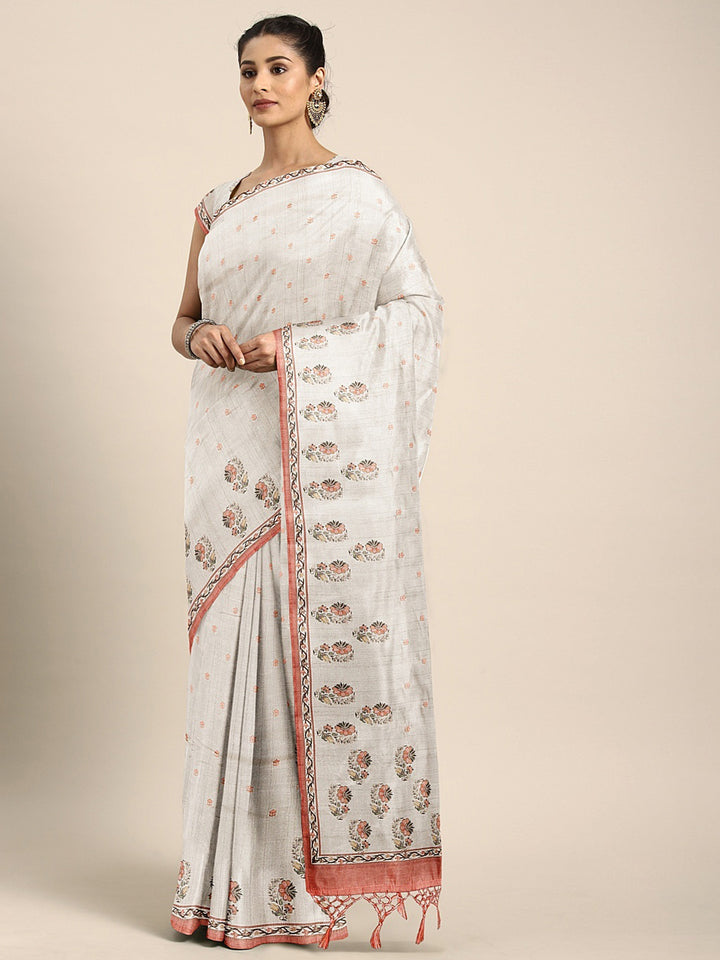 Neerus Light Grey Printed Saree With Blouse
