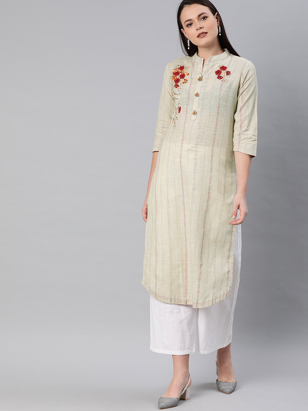 Neerus Beige slub cotton embellished straight kurti - front view