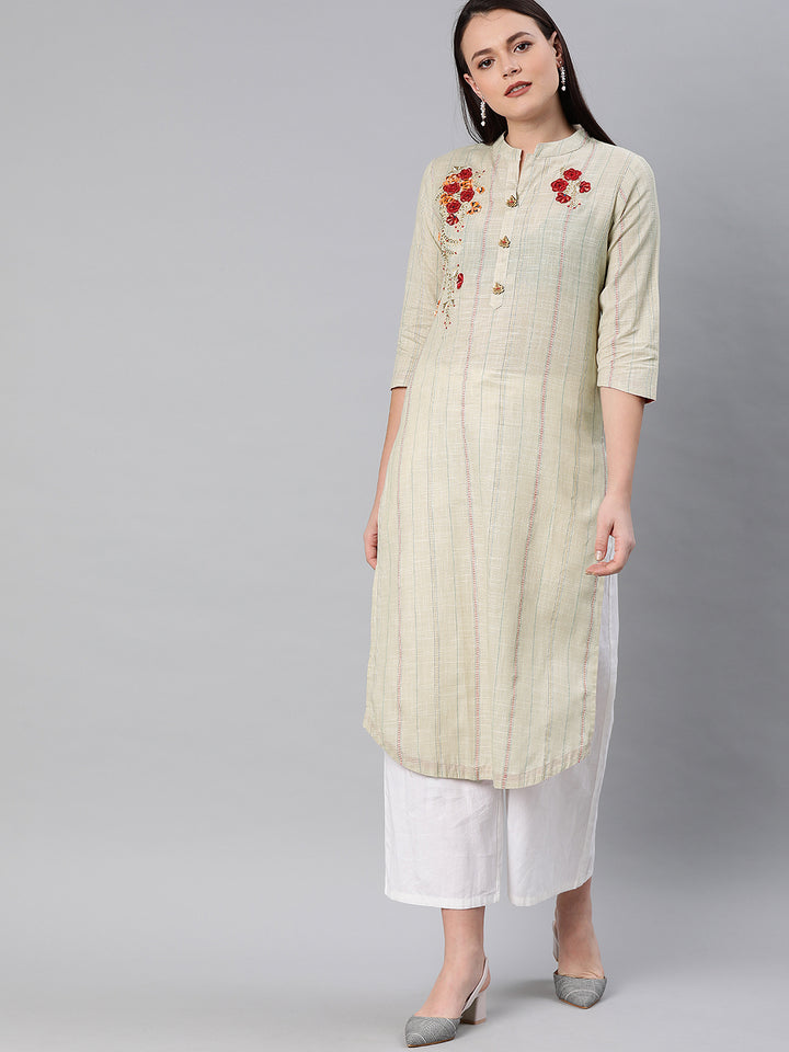 Neerus Beige slub cotton embellished straight kurti - front view