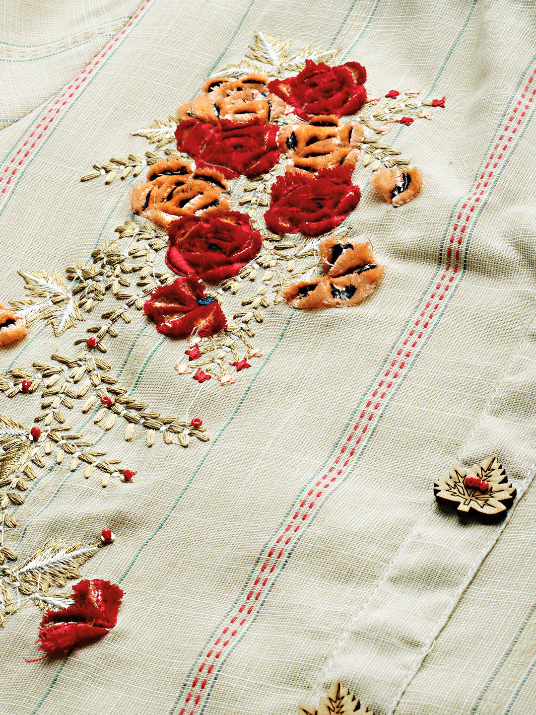 Neerus Beige slub cotton embellished straight kurti - back view