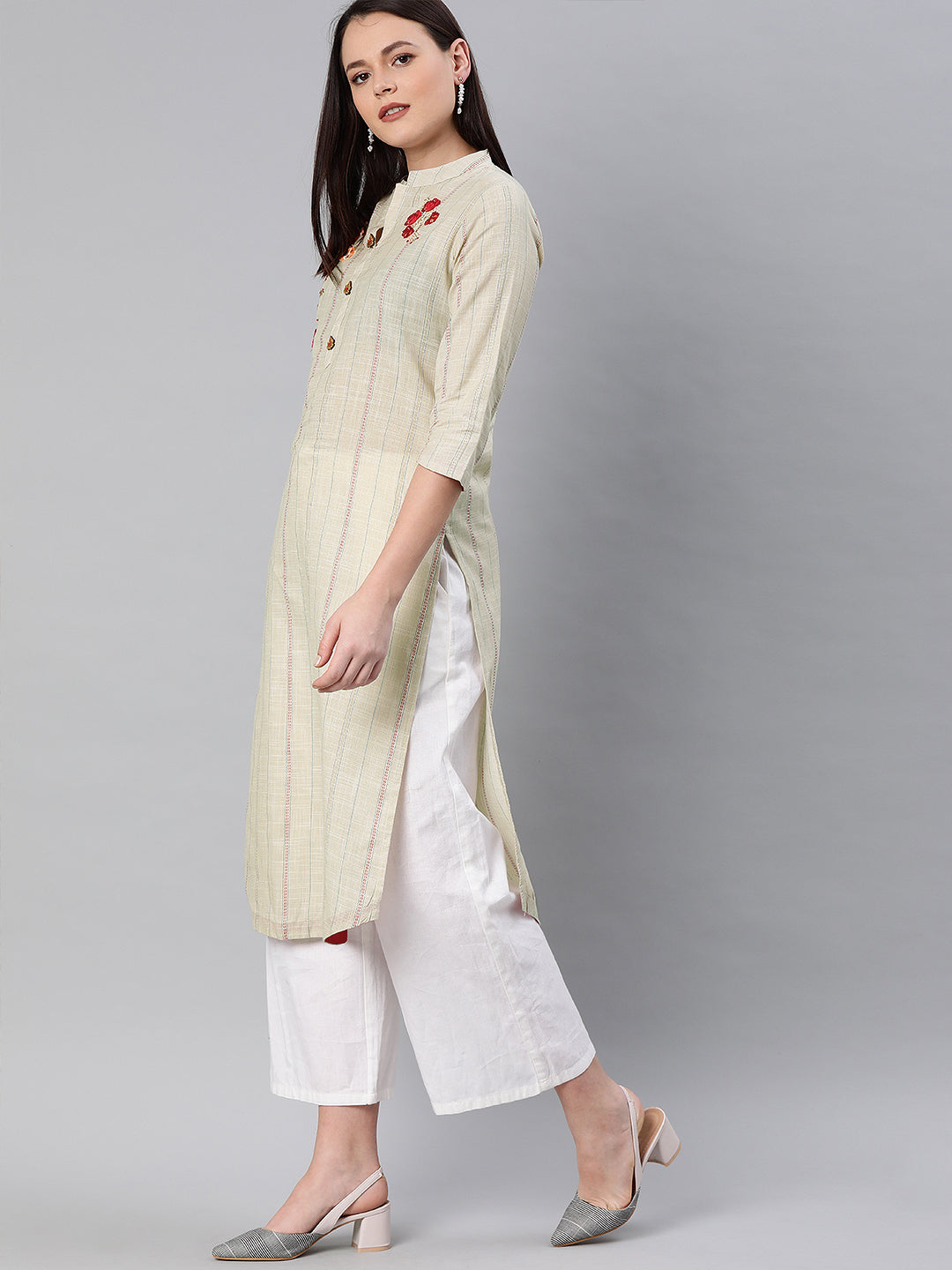 Neerus Beige slub cotton embellished straight kurti - side view