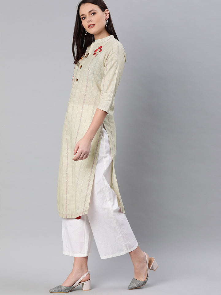 Neerus Beige slub cotton embellished straight kurti - side view