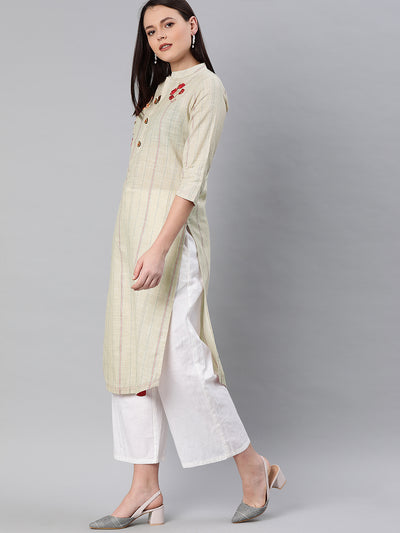 Neerus Women Beige  Blue Striped Straight Kurta With Applique Detail