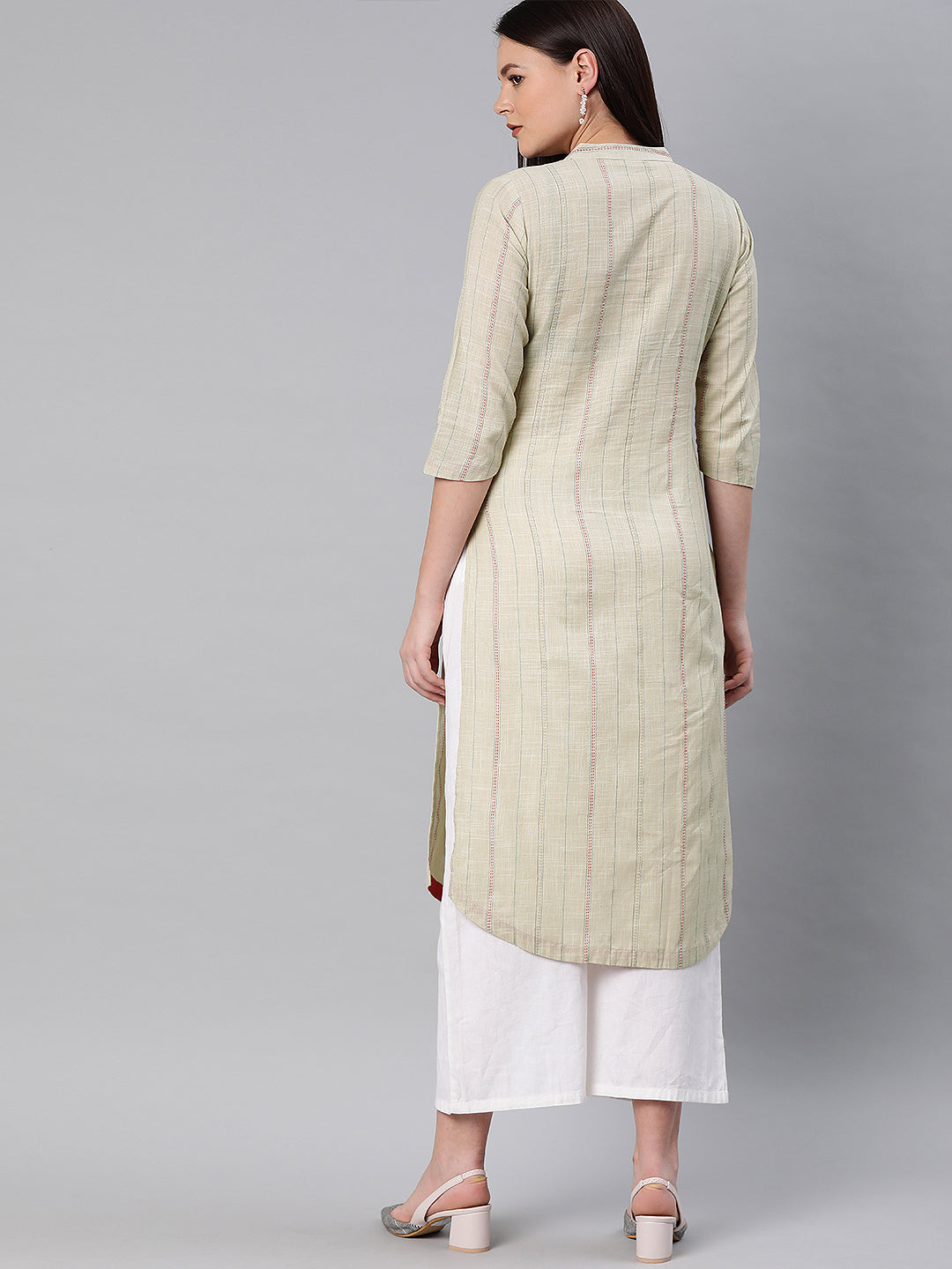 Neerus Beige slub cotton embellished straight kurti - detail view 1