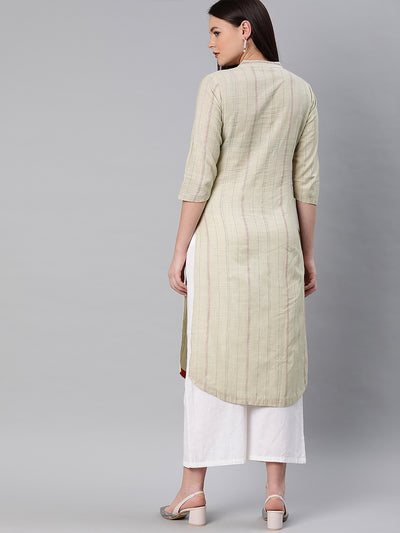Neerus Women Beige  Blue Striped Straight Kurta With Applique Detail