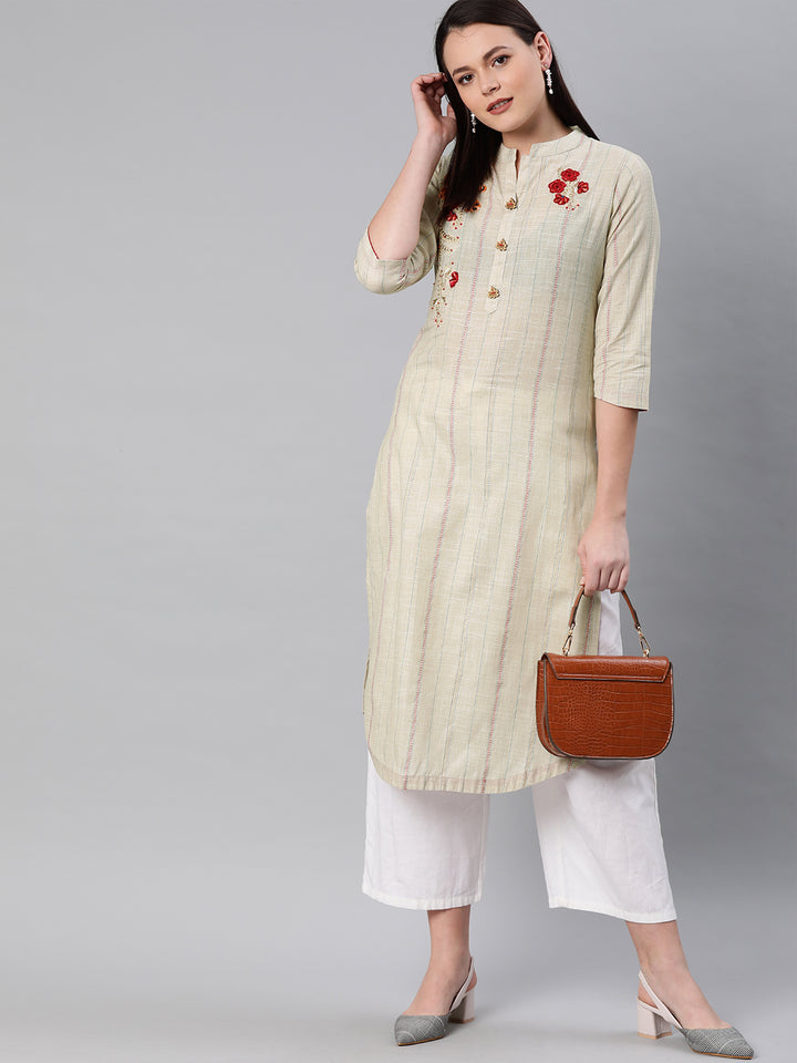 Neerus Beige slub cotton embellished straight kurti - detail view 2