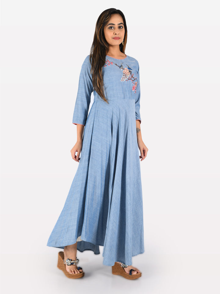 Neerus Blue rayon embroidered A-line kurta - detail view 2