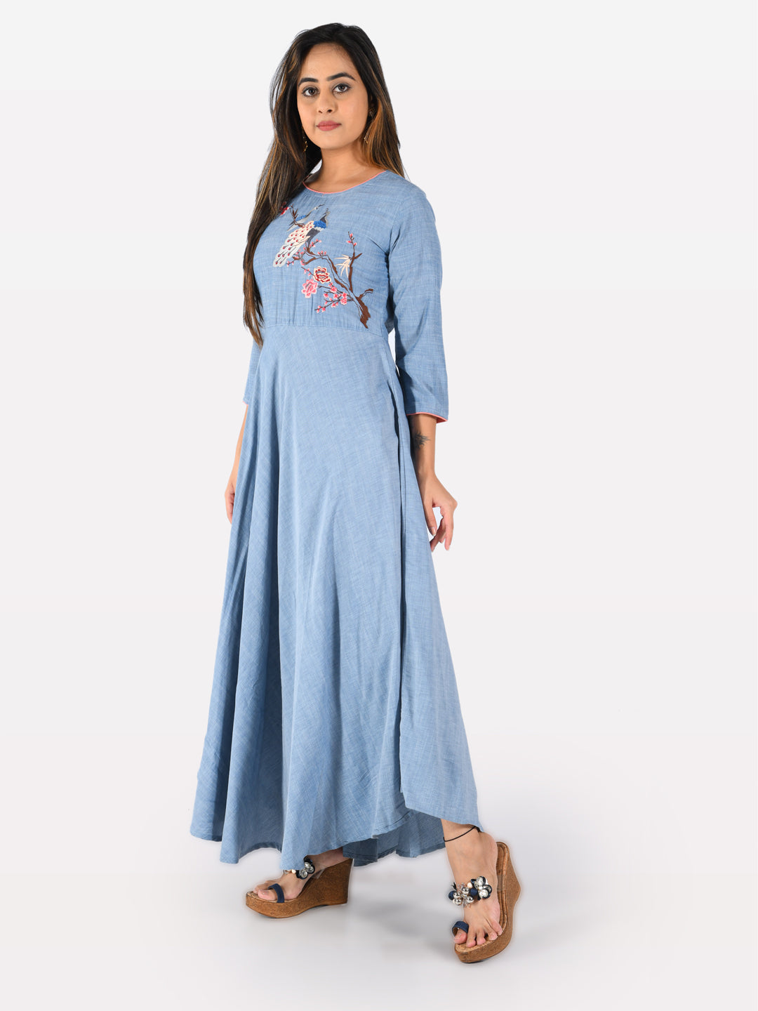 Neerus Blue rayon embroidered A-line kurta - back view