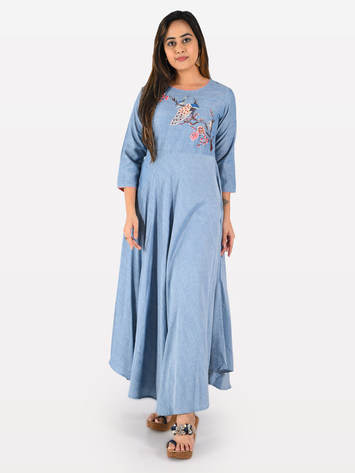 Neerus Blue rayon embroidered A-line kurta - front view