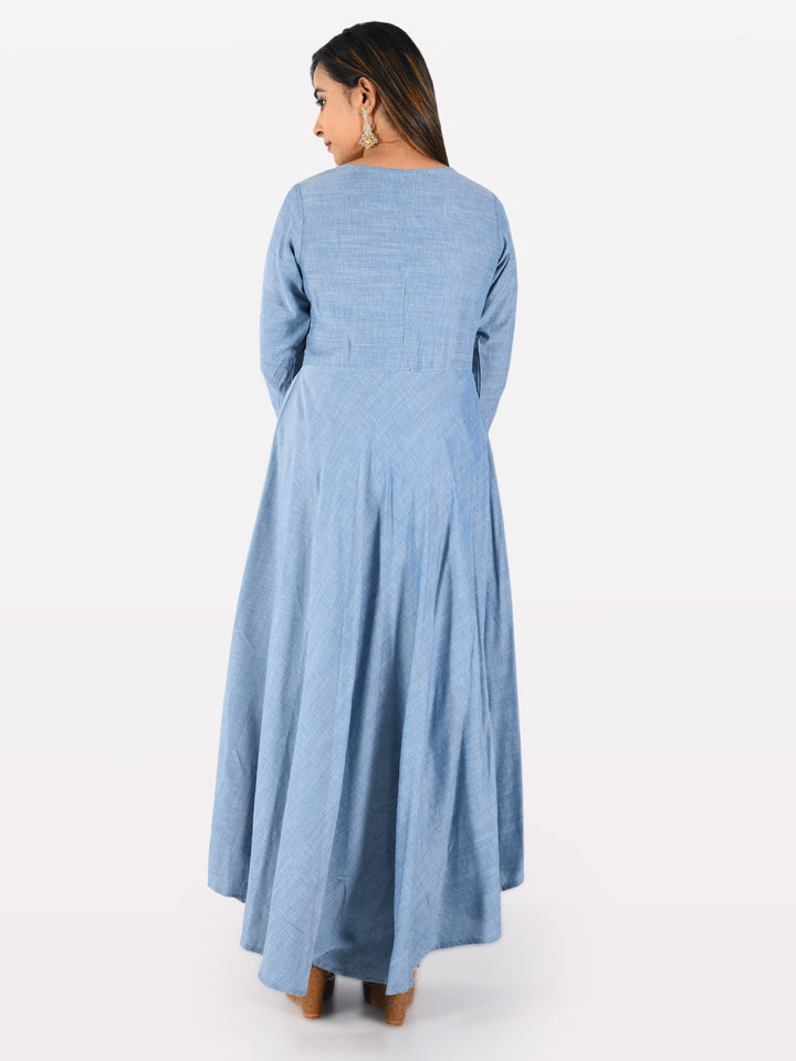 Neerus Blue rayon embroidered A-line kurta - side view