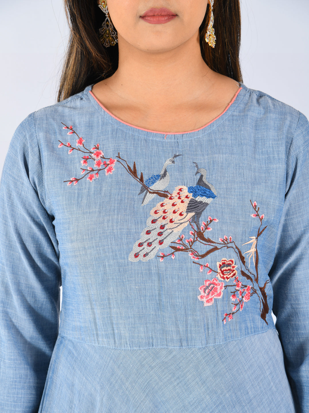 Neerus Blue rayon embroidered A-line kurta - detail view 1