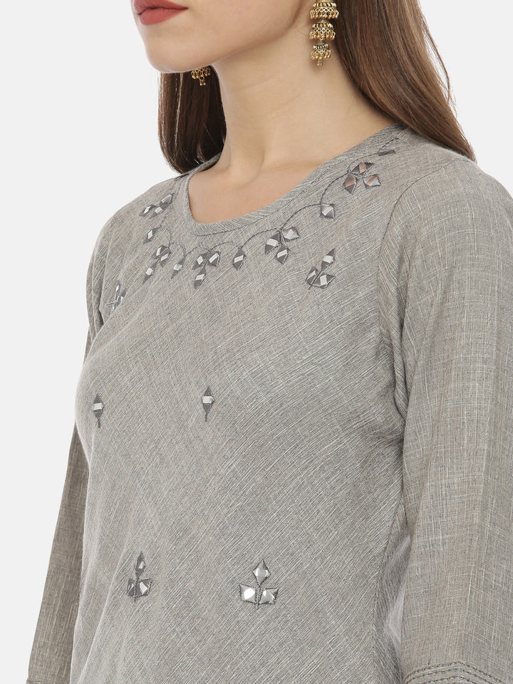 Neerus Grey viscose rayon embellished high-low kurti - back view
