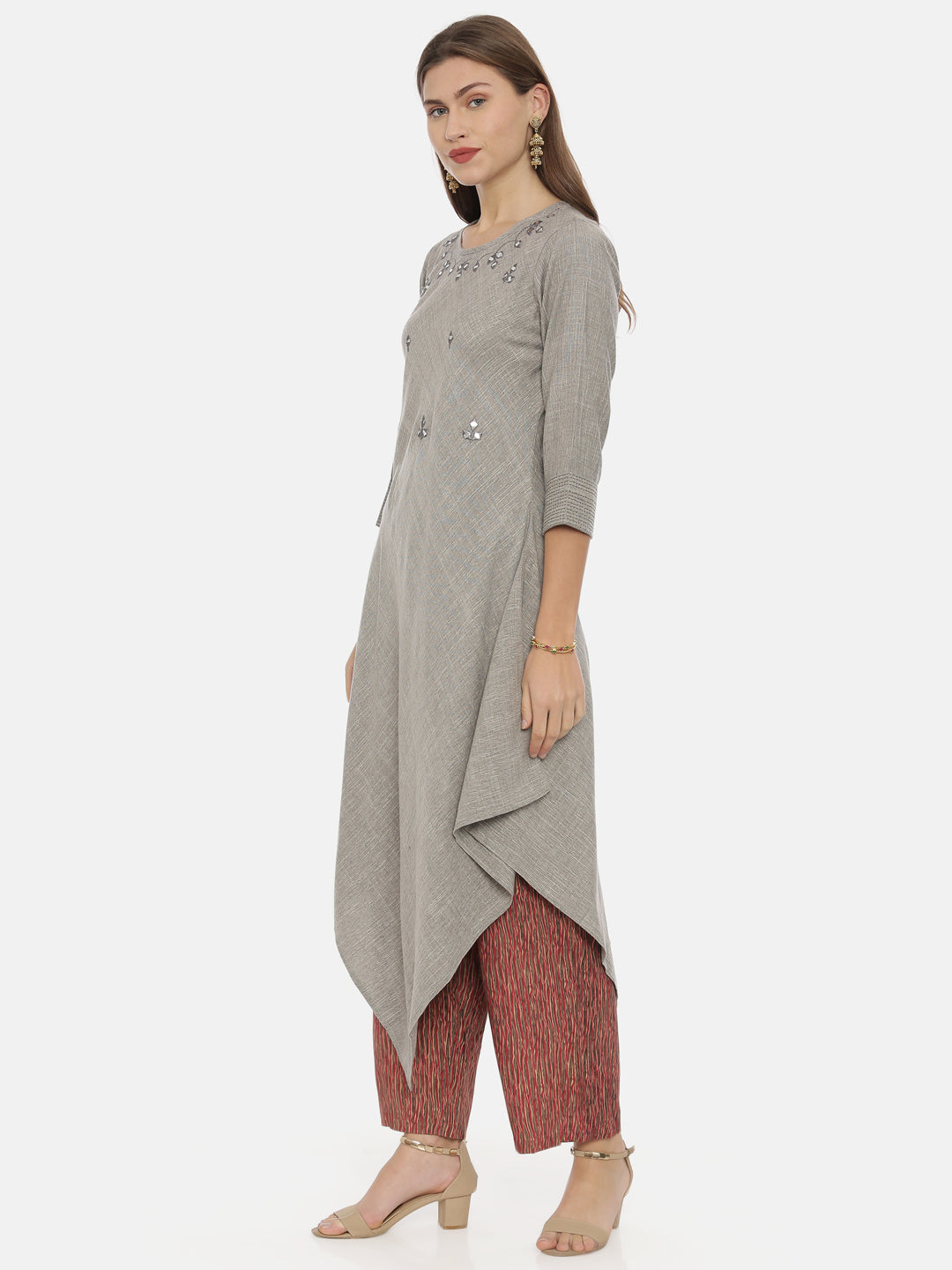 Neerus Grey viscose rayon embellished high-low kurti - side view