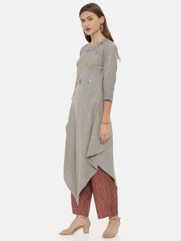 Neerus Grey viscose rayon embellished high-low kurti - side view