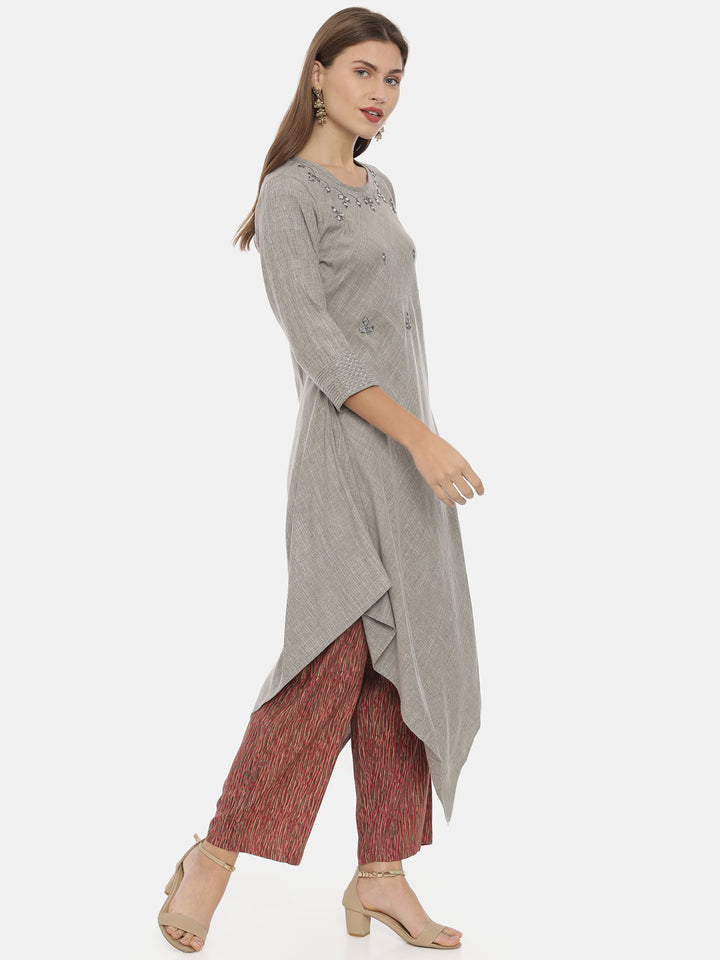 Neerus Grey viscose rayon embellished high-low kurti - detail view 1