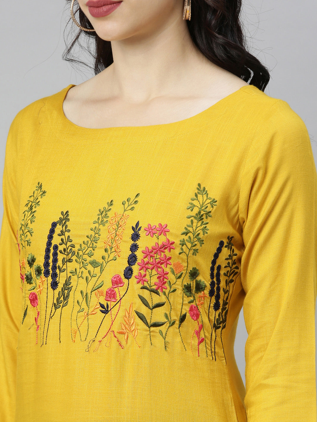 Neeru's Yellow Embroidered Straight Kurta