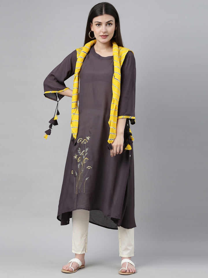 Neerus Grey muslin embroidered high-low kurti - front view