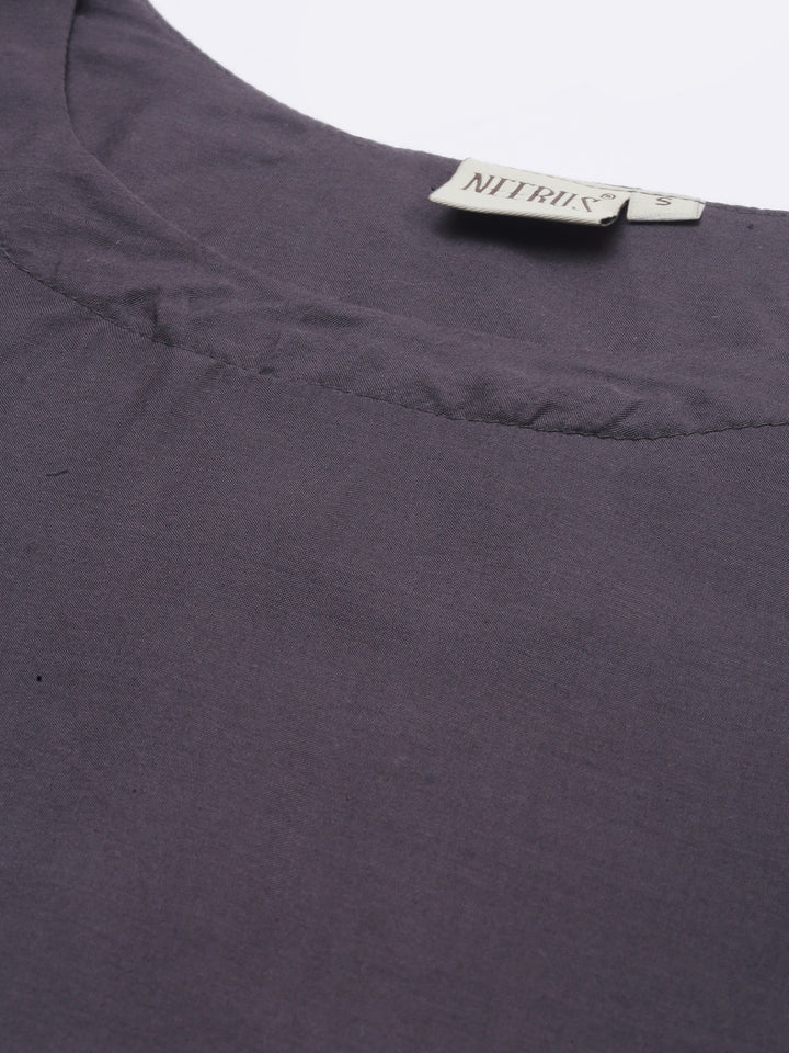 Neerus Grey muslin embroidered high-low kurti - back view