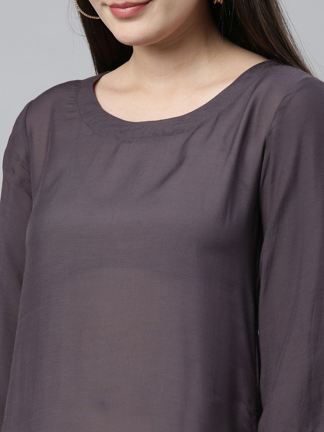 Neerus Grey muslin embroidered high-low kurti - side view