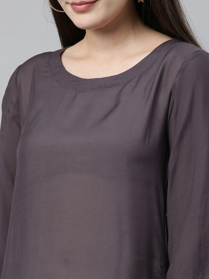 Neerus Grey muslin embroidered high-low kurti - side view