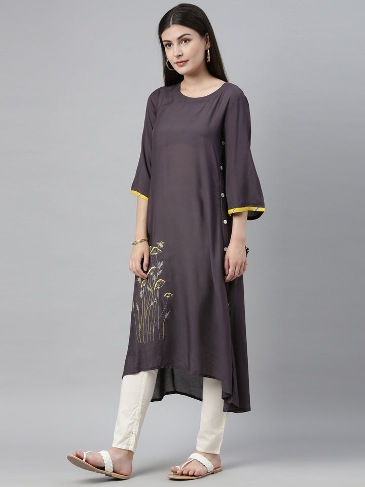 Neerus Grey muslin embroidered high-low kurti - detail view 2