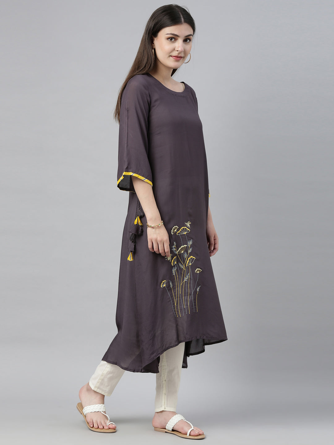 Neerus Grey muslin embroidered high-low kurti - detail view 3