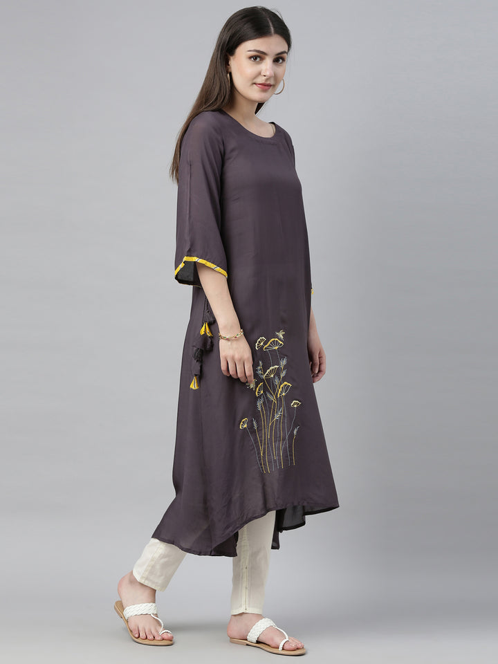 Neerus Grey muslin embroidered high-low kurti - detail view 3