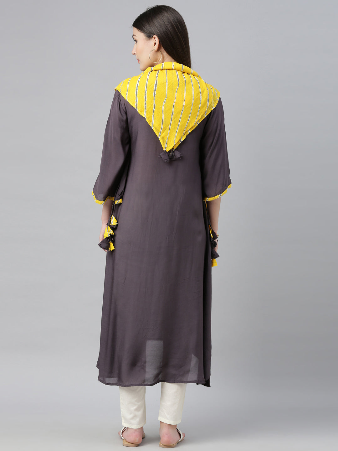 Neerus Grey muslin embroidered high-low kurti - detail view 4